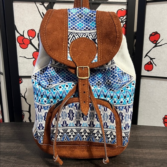 Boho Blue Patterned Suede-Trim Backpack - Unbranded main image 4